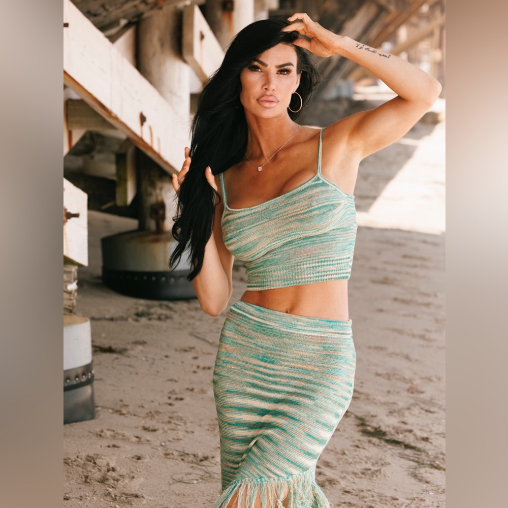 Green and Beige Knit Crop Top and Skirt Set